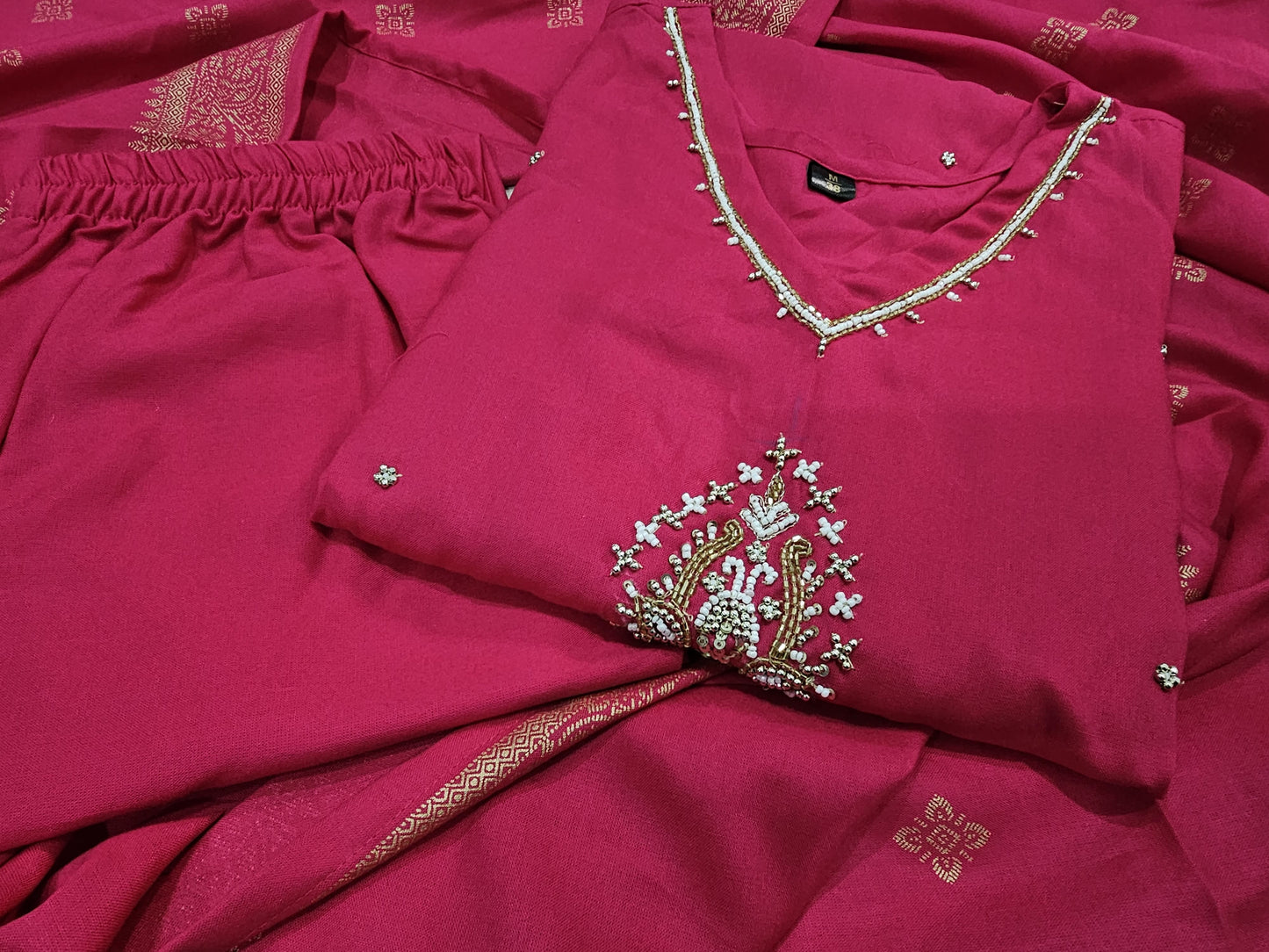 Rani Color Rayon Kurti with Adda Work, Pant and Latkan Dupatta