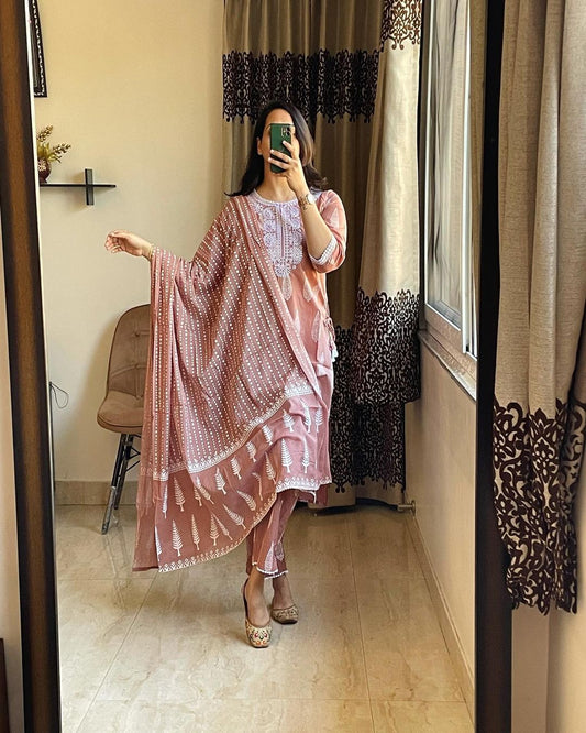 Cotton Kurti Pant Set with Embroidered Work