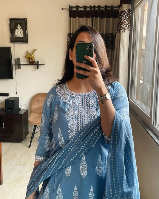 Cotton Kurti Pant Set with Embroidered Work