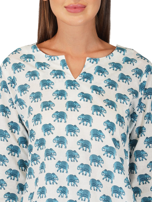 Cotton Short Kurta Pant Set in White & Blue (60x60 Weave)