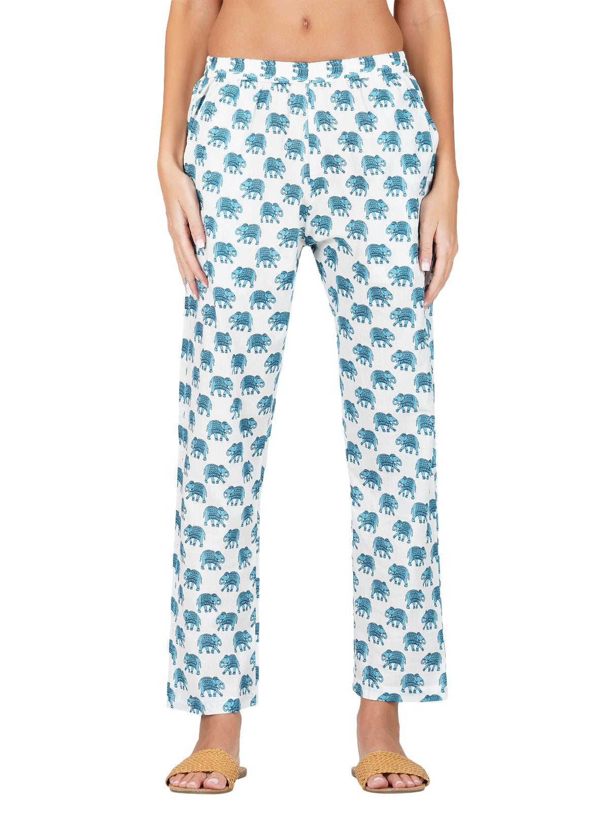 Cotton Short Kurta Pant Set in White & Blue (60x60 Weave)