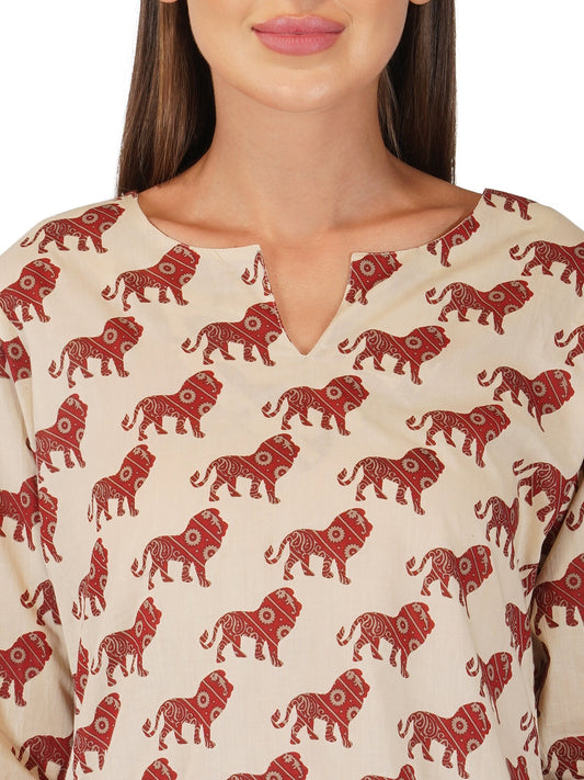 Chiku Red Cotton Short Kurta and Pant Set (60x60 Weave)