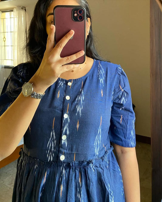 Ikat Middy Flare Gown - Cotton (Blue)
