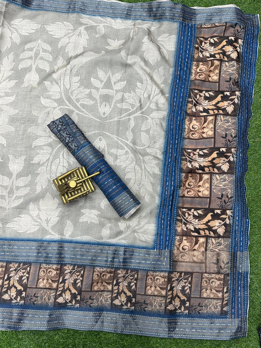 Cotton Silk Saree with Kalamkari Print and Zari Work