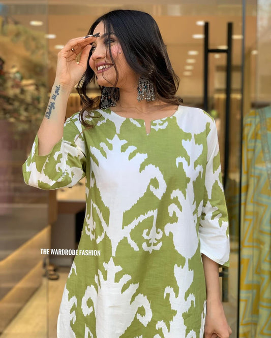 Green & White Cotton Kurti Palazzo Set