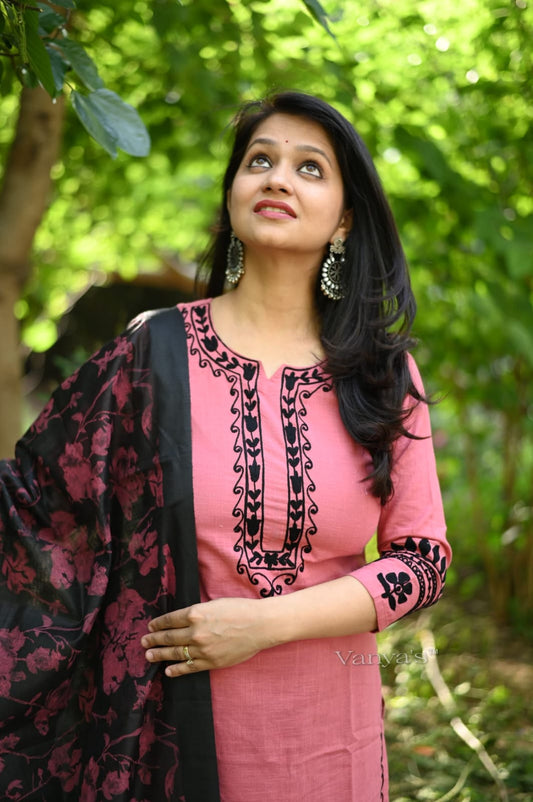 Handloom Cotton Kurta Pant Set with Aari Work Embroidery and Digital Printed Chanderi Dupatta