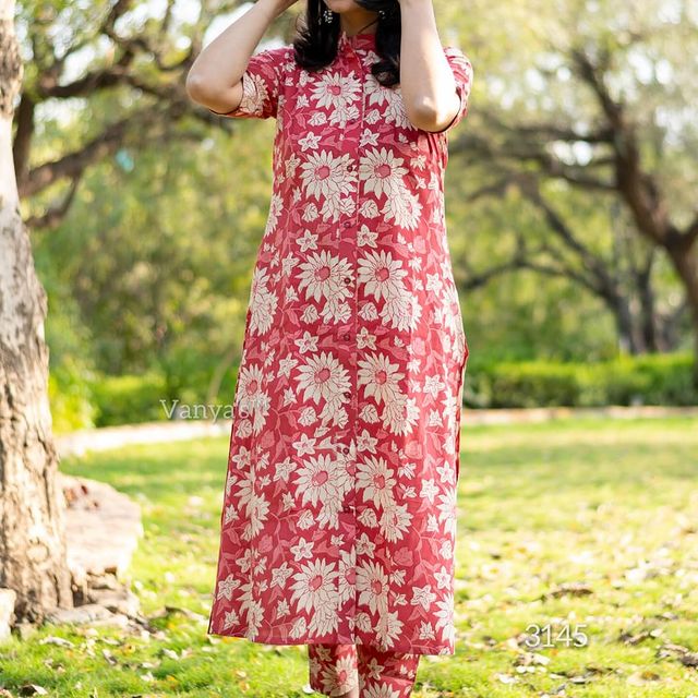 Jaipuri Cotton Co-ord Set with Button Detail Kurti and Printed Pant