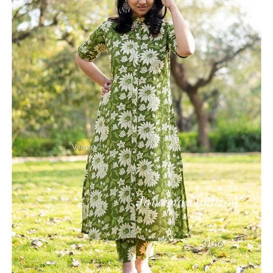 Jaipuri Cotton Co-ord Set with Button Detail Kurti and Printed Pant