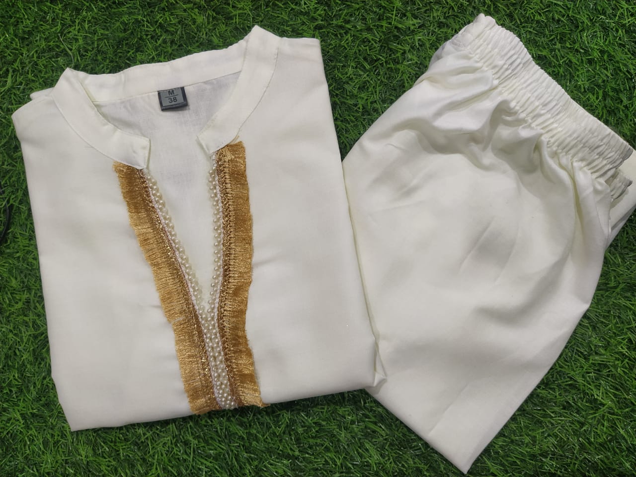 Cream Magic Cotton Kurti & Pant Co-Ord Set with Lace & Gota Work (Surat Print)