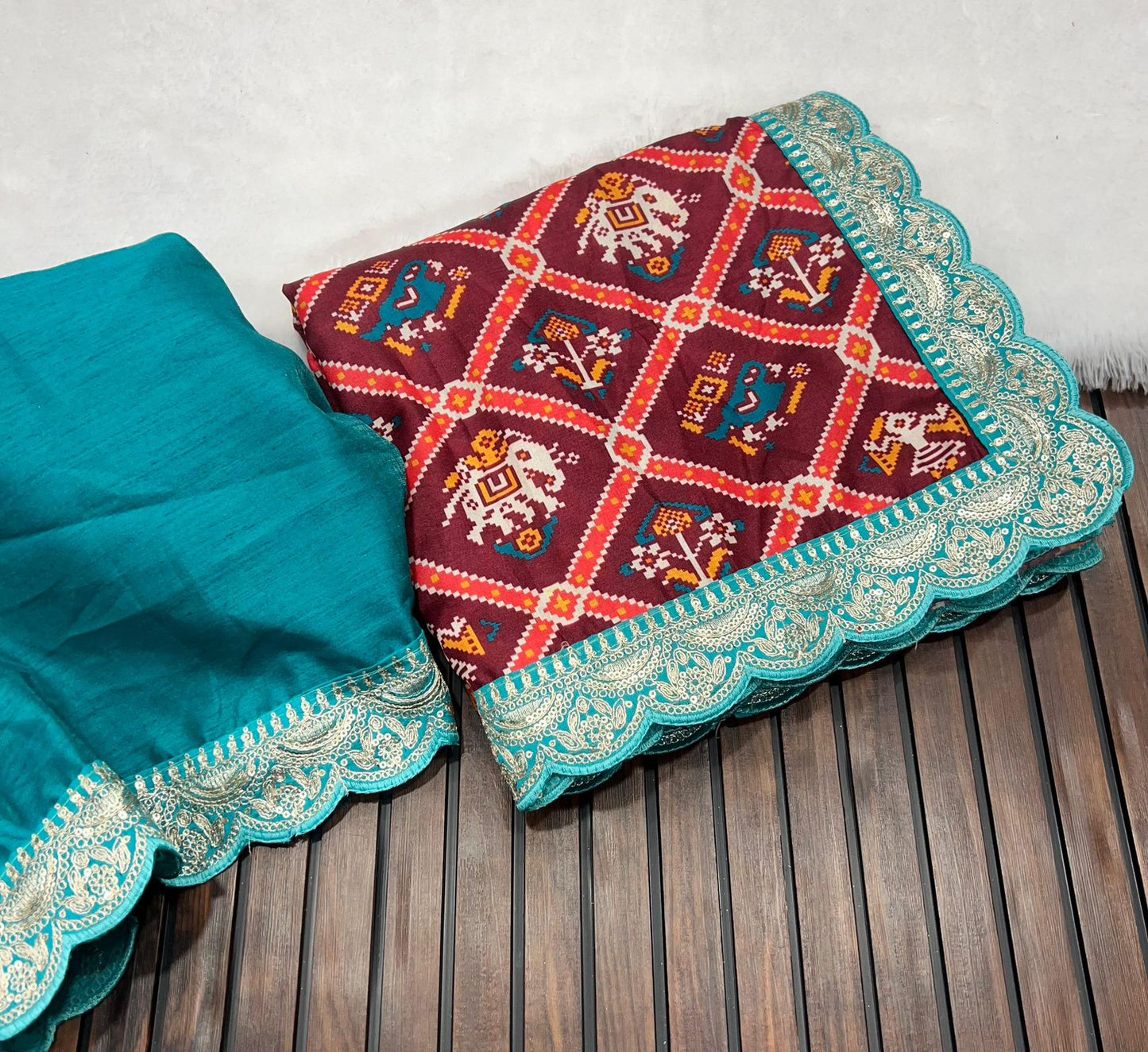 Dola Silk Saree with Digital Patola Print and Sequenced Lace Border