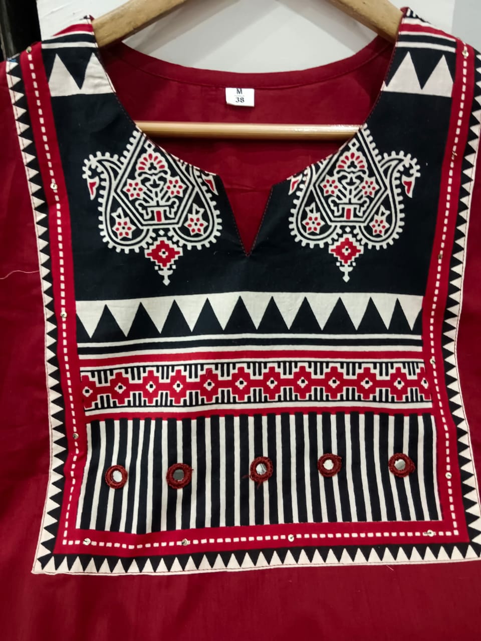 Maroon Cotton Kurti Set with Adda Work, Border Sleeves & Mulmul Dupatta