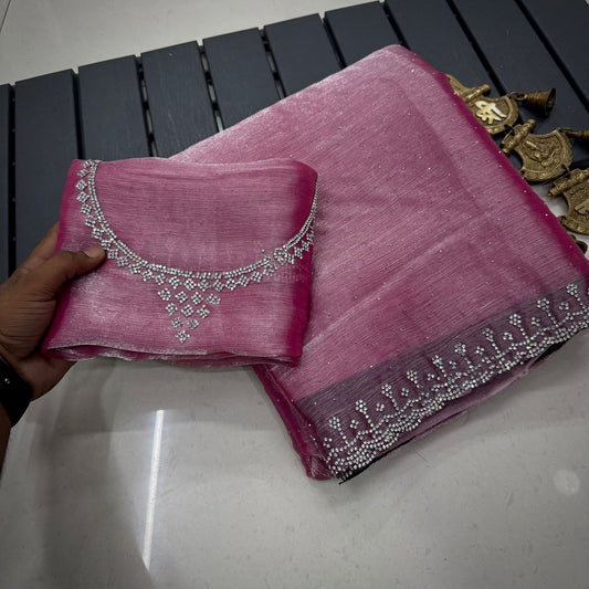 Pastel Jarkan Saree with Stone Border and Blouse