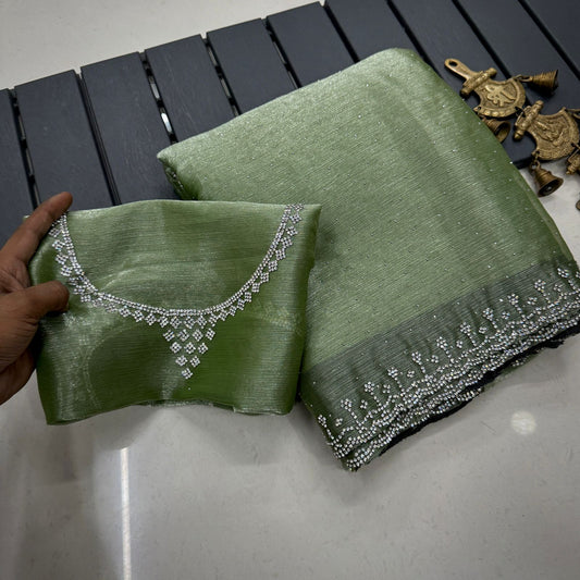 Pastel Jarkan Saree with Stone Border and Blouse