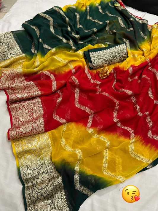 Zari Saree with Multicolored Jaipuri Weave and Border Detail