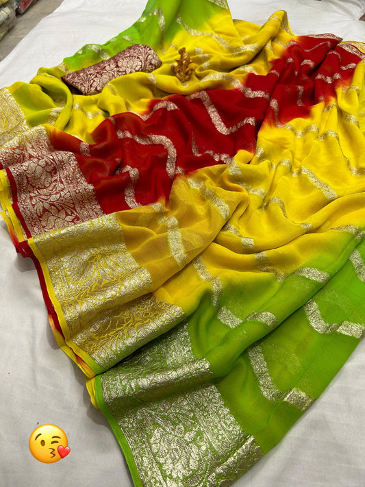 Zari Saree with Multicolored Jaipuri Weave and Border Detail