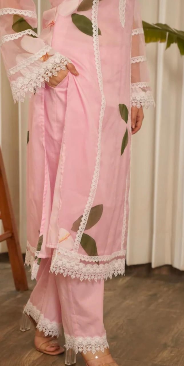 Cotton Kurti Pant Set with Organza Dupatta