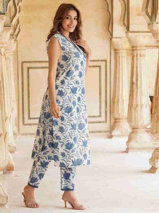 Cotton Floral Print Kurti with Pant Set with Matching Dye Lacework