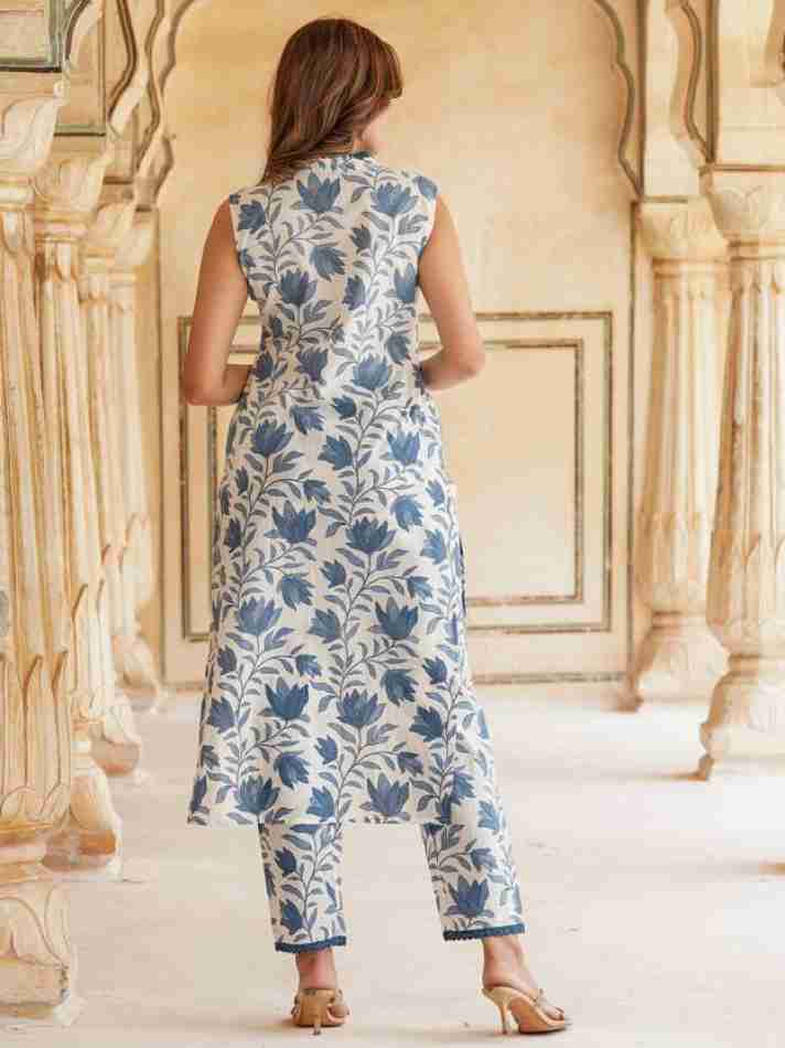 Cotton Floral Print Kurti with Pant Set with Matching Dye Lacework
