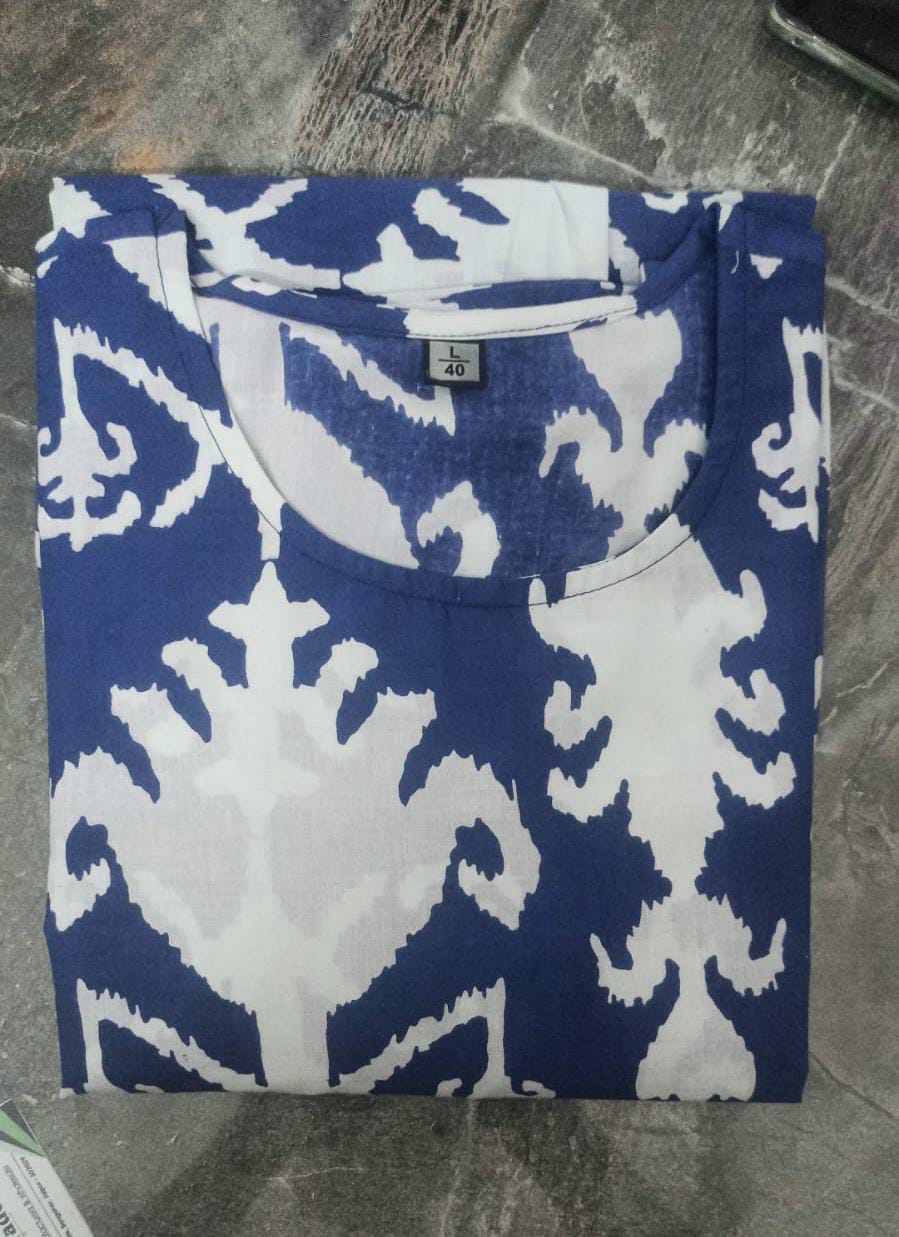 Blue Printed Lotus Flower Cotton Midi Dress