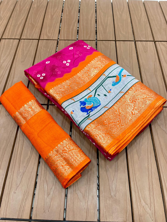 Digital Bandhani Saree with Dola Silk Fabric, Gold Zari Jacquard Border (5 Inch Double) & Pallu