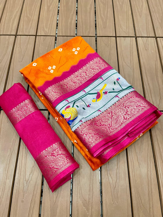 Digital Bandhani Saree with Dola Silk Fabric, Gold Zari Jacquard Border (5 Inch Double) & Pallu