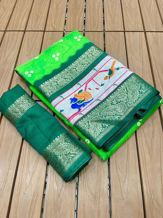 Digital Bandhani Saree with Dola Silk Fabric, Gold Zari Jacquard Border (5 Inch Double) & Pallu
