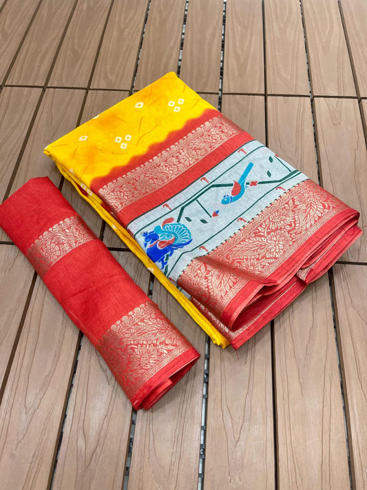 Digital Bandhani Saree with Dola Silk Fabric, Gold Zari Jacquard Border (5 Inch Double) & Pallu