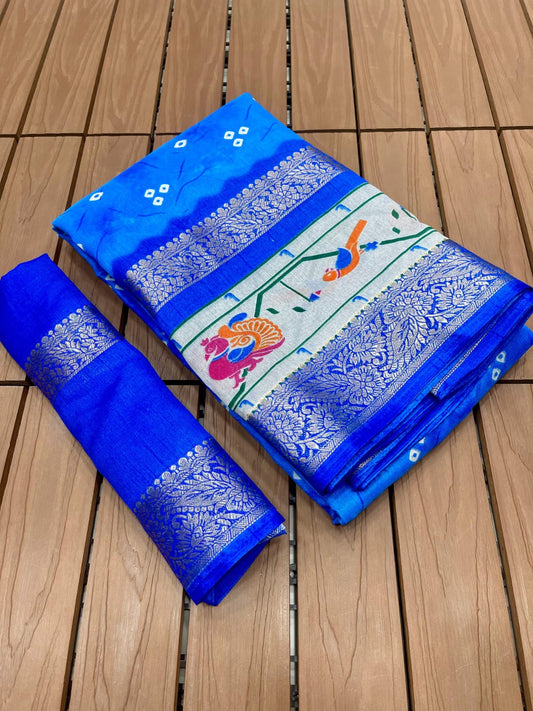 Digital Bandhani Saree with Dola Silk Fabric, Gold Zari Jacquard Border (5 Inch Double) & Pallu