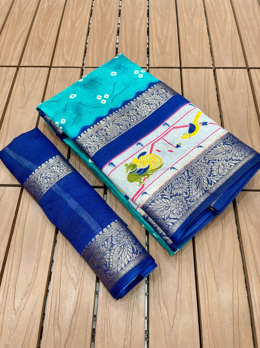Digital Bandhani Saree with Dola Silk Fabric, Gold Zari Jacquard Border (5 Inch Double) & Pallu