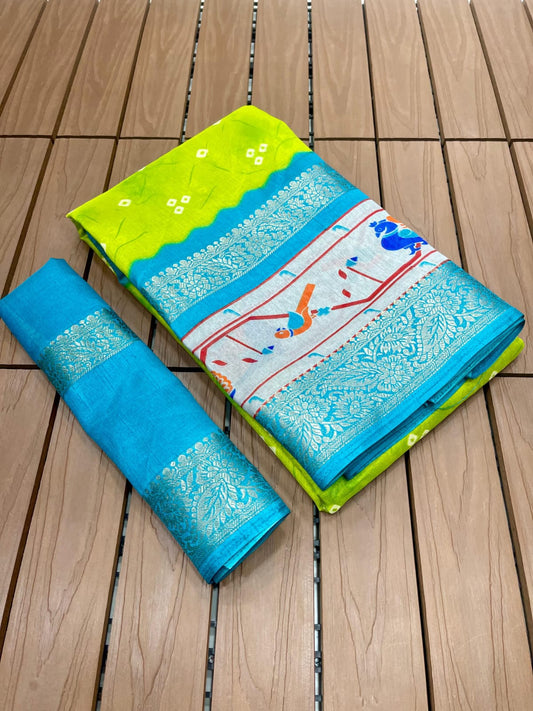 Digital Bandhani Saree with Dola Silk Fabric, Gold Zari Jacquard Border (5 Inch Double) & Pallu