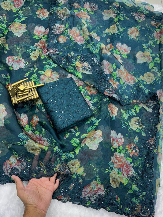 Fendi Organza Satin Sequin Saree with Mono Banglori Blouse