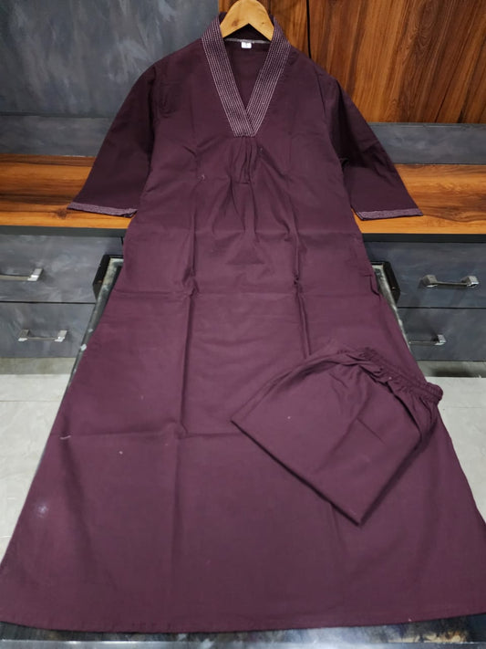 Wine Cotton Kurta Co-Ord Set with Delicate Katha Work
