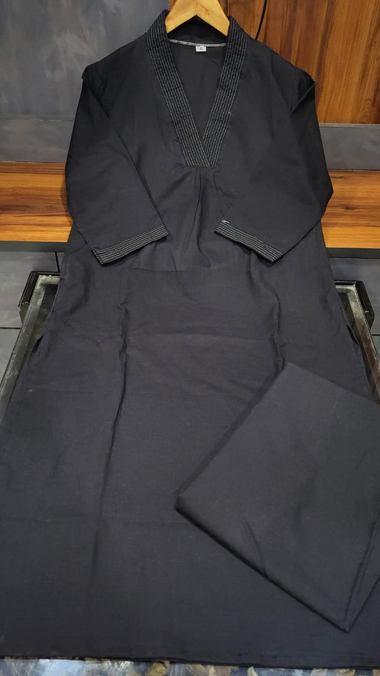 Black Cotton Kurta Co-Ord Set with Elegant Katha Work Accents