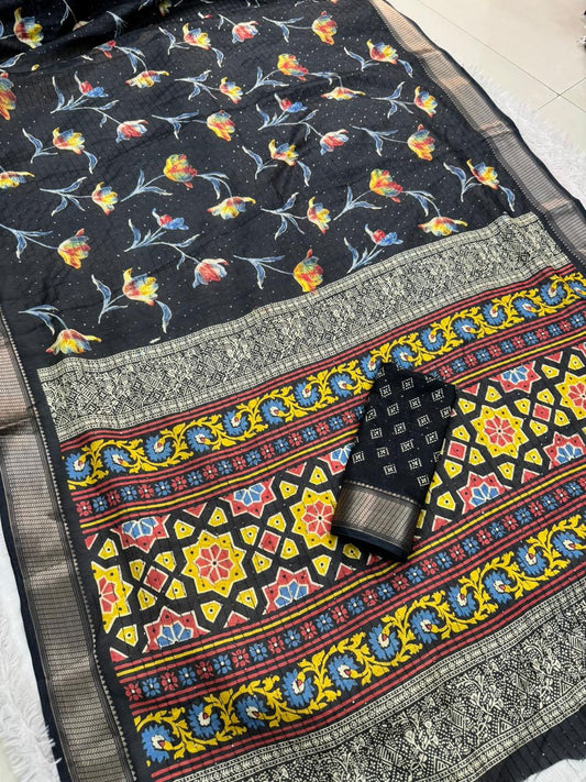 Dola Silk Saree with Jacquard Border and Running Blouse