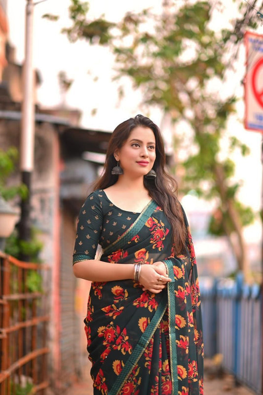 Bottle Green Georgette Saree with Multicolor Floral Prints and Tye & Dye Border