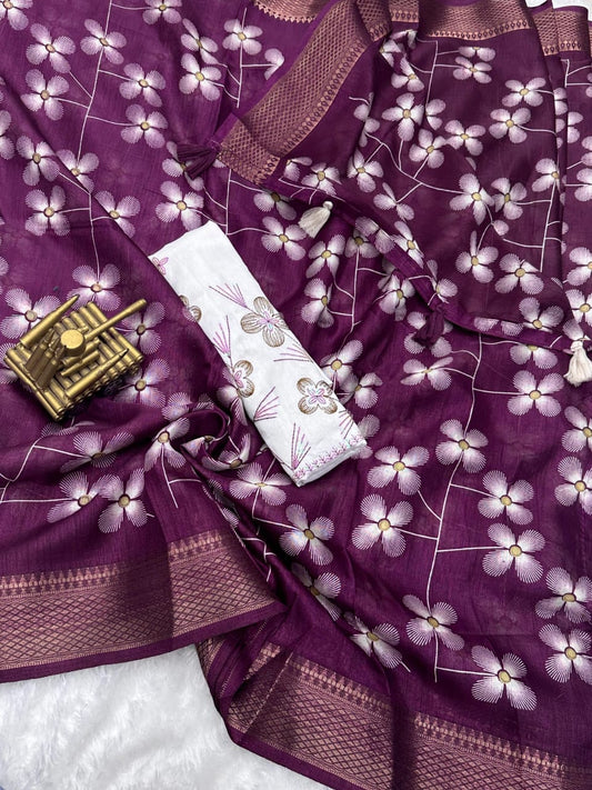 Muslin Cotton Saree with Embroidered Mono Banglori Blouse