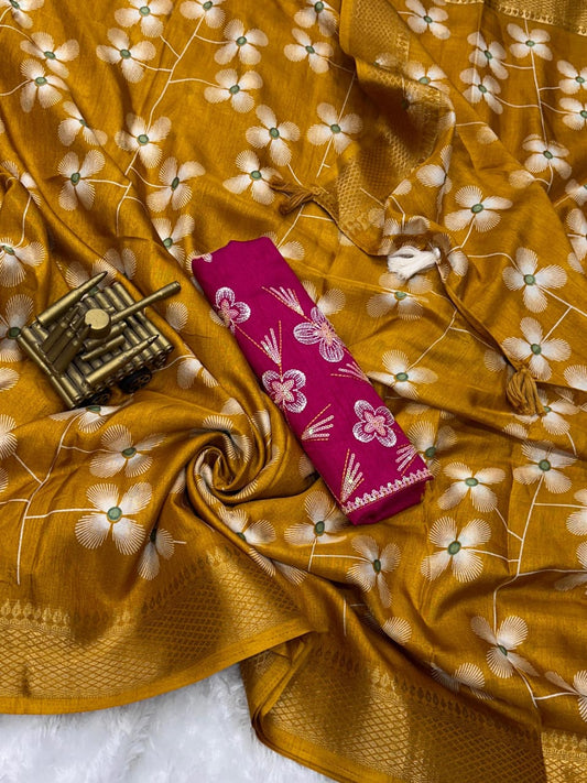 Muslin Cotton Saree with Embroidered Mono Banglori Blouse