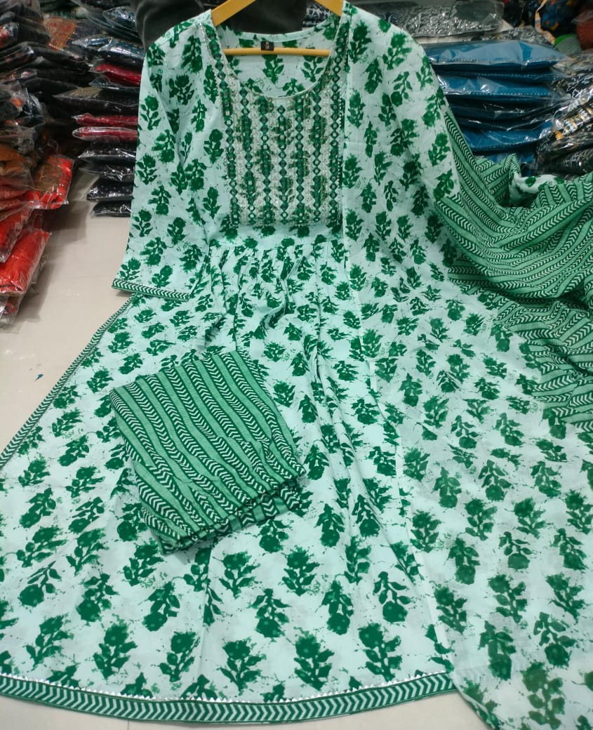 Nayra Cut Kurti Pant With Dupatta Set - Cotton 60*60 Fabric With Mirror Embroidery Work