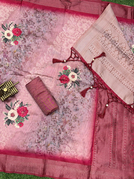 Bombay Satin Jacquard Saree with Digital 3D Print