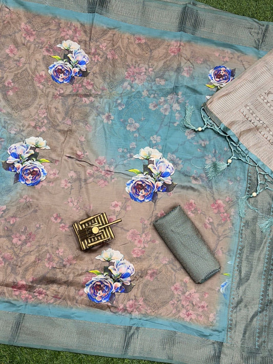 Bombay Satin Jacquard Saree with Digital 3D Print