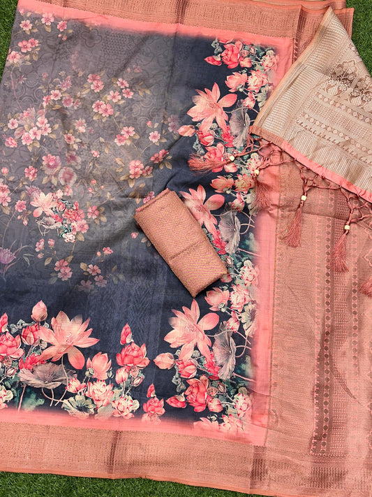 Bombay Satin Jacquard Saree with Digital 3D Print