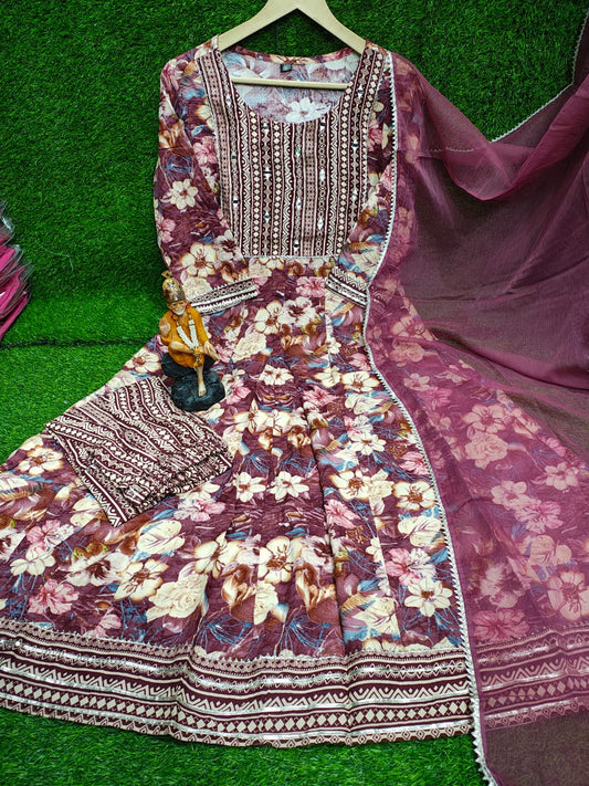 Floral Digital Print Rayon Anarkali Suit Set with Dupatta