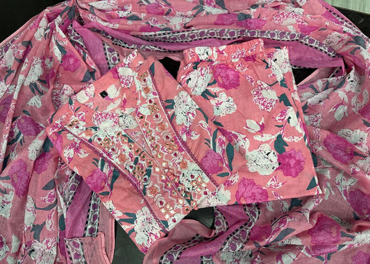 Sanganeri Block Print Kurta Set with Embroidered Details & Afghani Pant