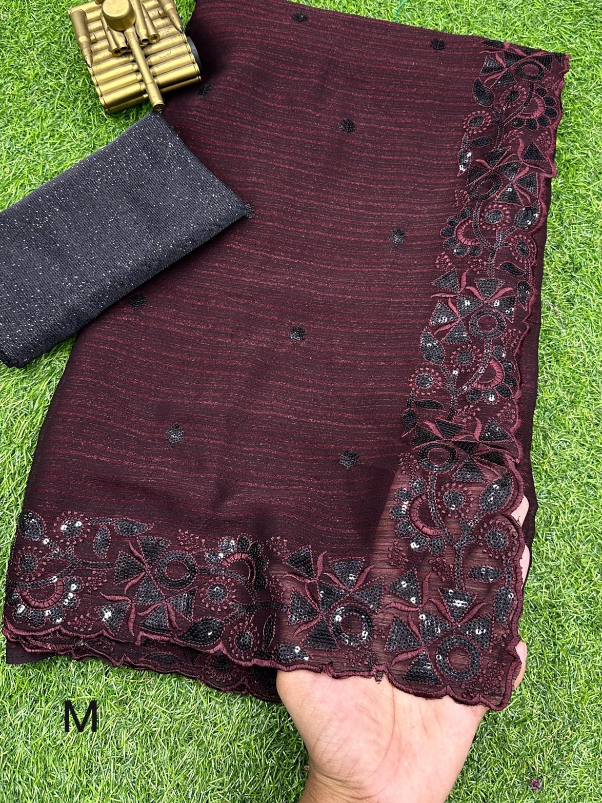 Two-Tone Blooming Chiffon Saree with Black Sequin and Thread Work