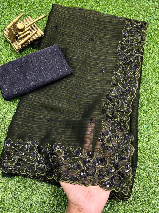 Two-Tone Blooming Chiffon Saree with Black Sequin and Thread Work