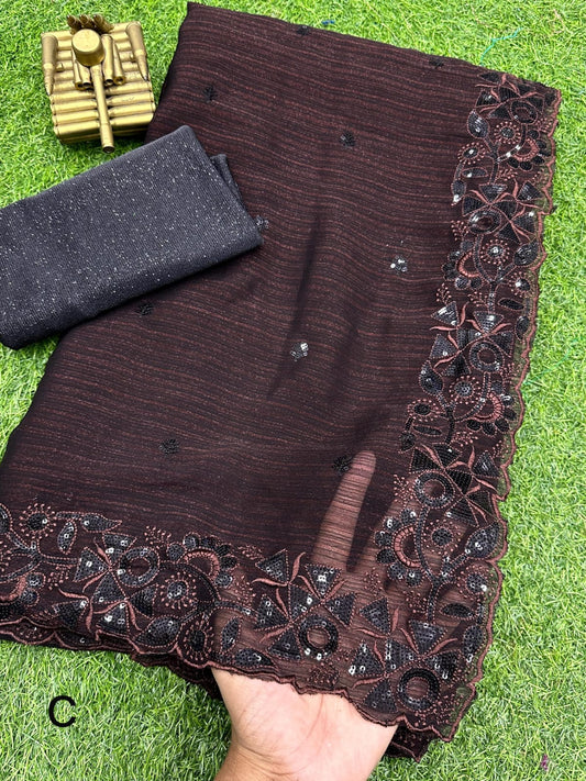 Two-Tone Blooming Chiffon Saree with Black Sequin and Thread Work