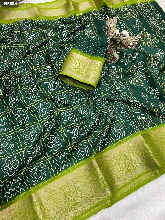 Bandhani Print Dola Cotton Saree with Kanjivaram Zari Border and Printed Blouse