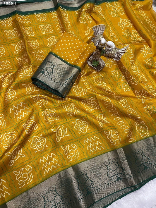 Bandhani Print Dola Cotton Saree with Kanjivaram Zari Border and Printed Blouse