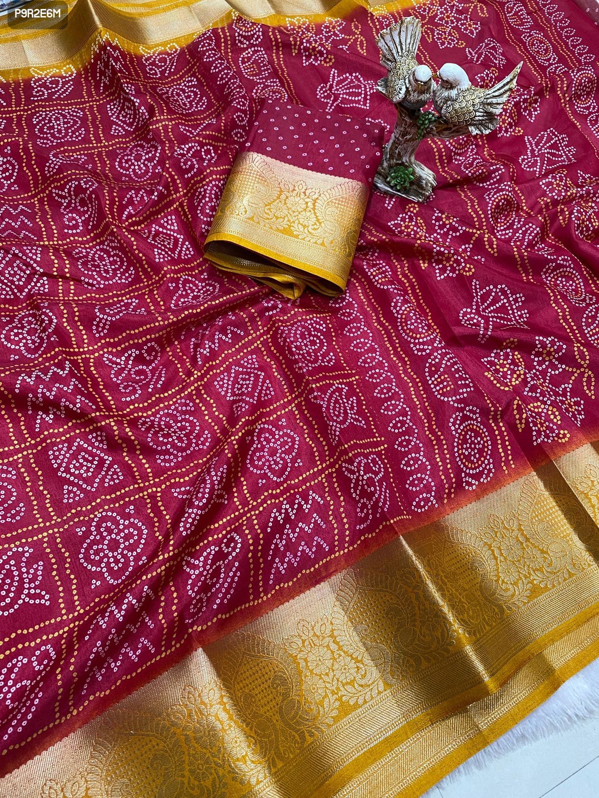 Bandhani Print Dola Cotton Saree with Kanjivaram Zari Border and Printed Blouse