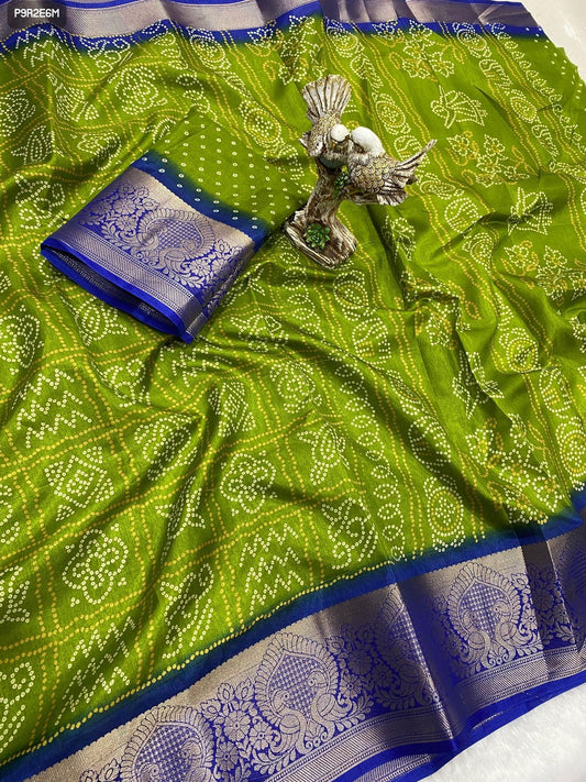 Bandhani Print Dola Cotton Saree with Kanjivaram Zari Border and Printed Blouse